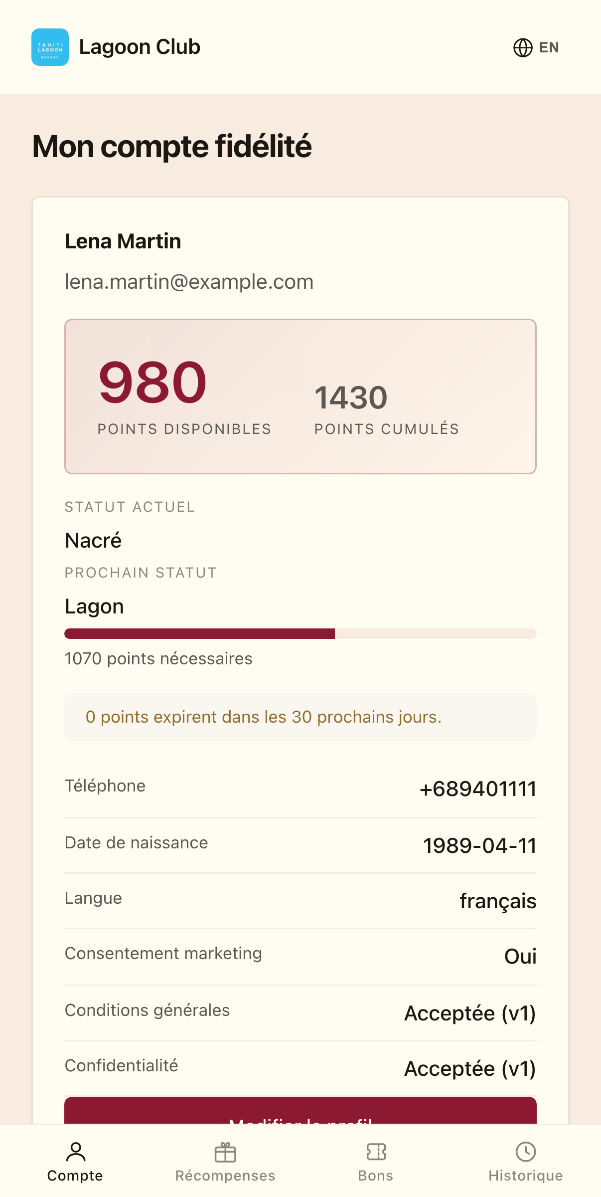 Espace membre fidélité